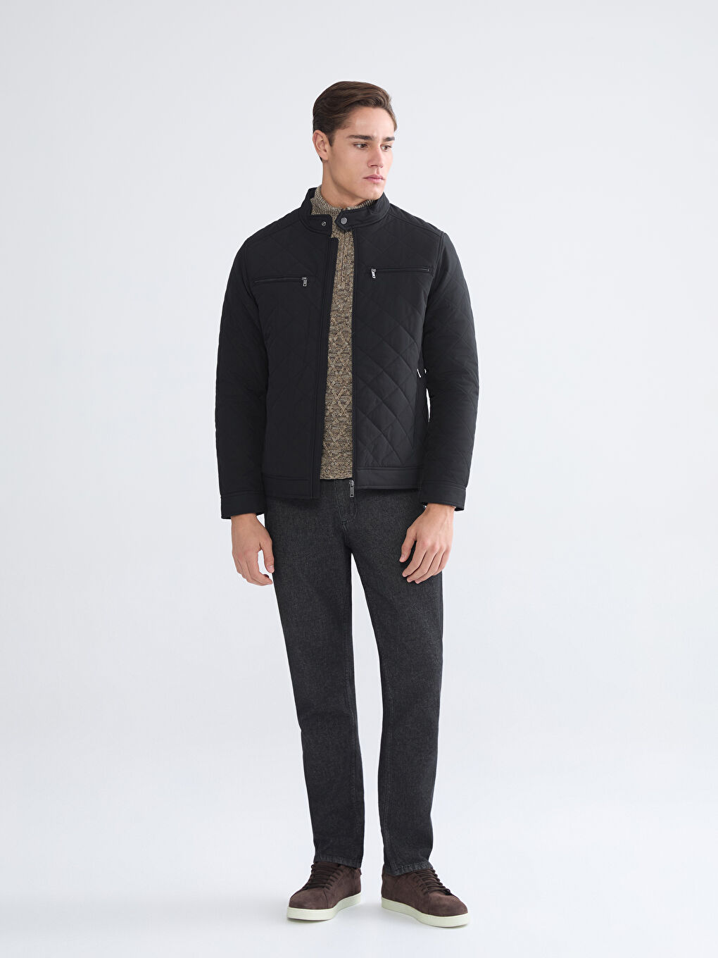 Редовен фит байкър яка шушляково палто за мъже-2