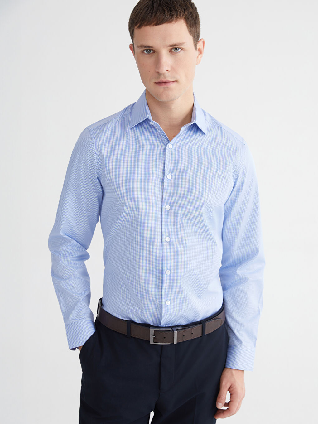 Cămașă Slim Fit cu Model din Gabardină pentru Bărbați