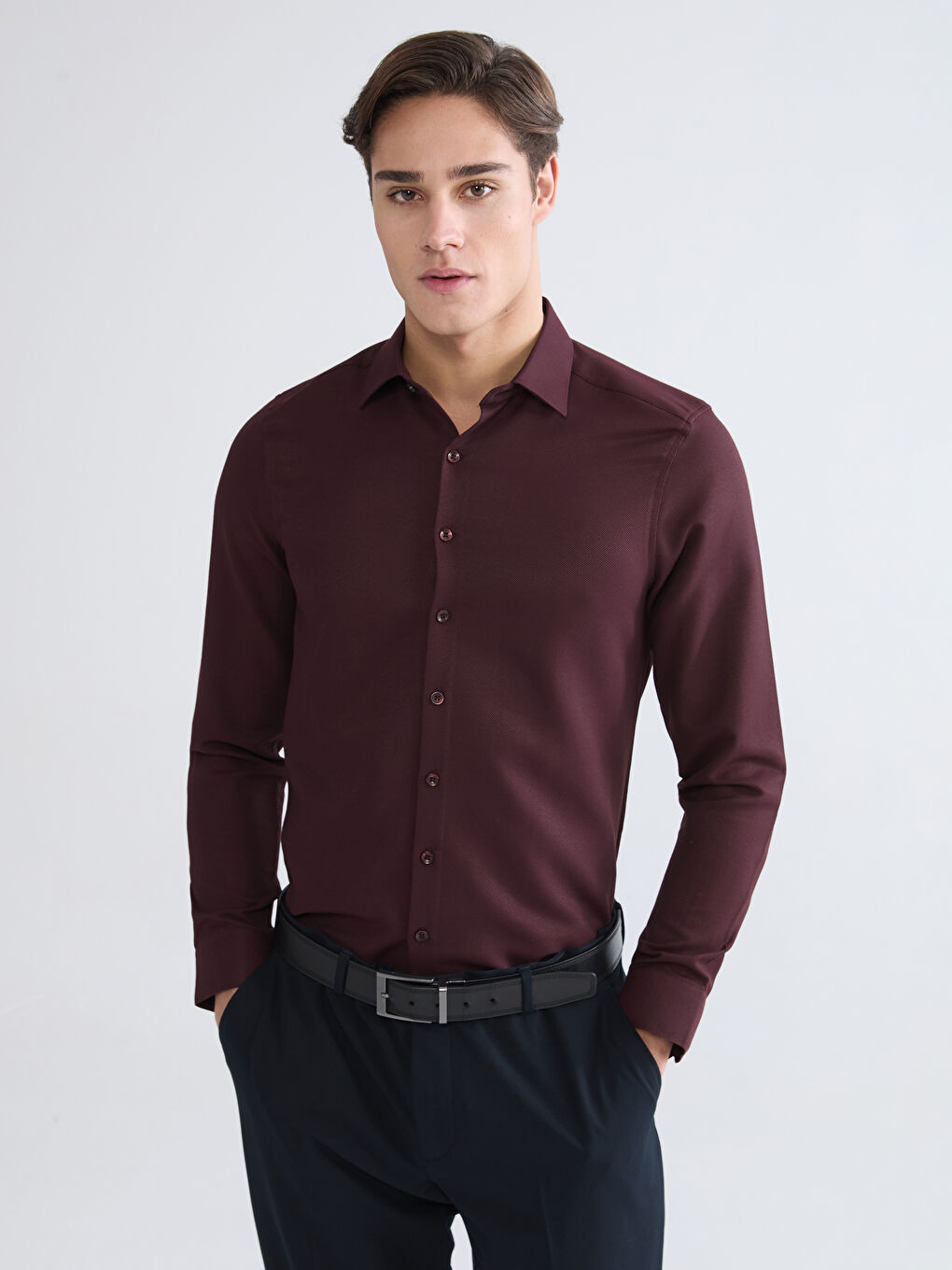 Bordo Slim Fit Armürlü Erkek Gömlek-0