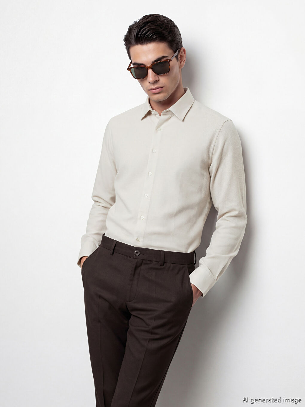 Bej Slim Fit Armürlü Erkek Gömlek