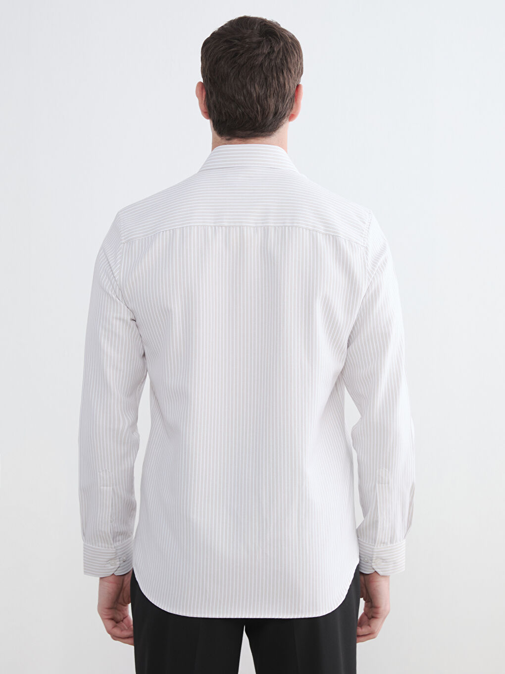 Bej Slim Fit Çizgili Gabardin Erkek Gömlek-3