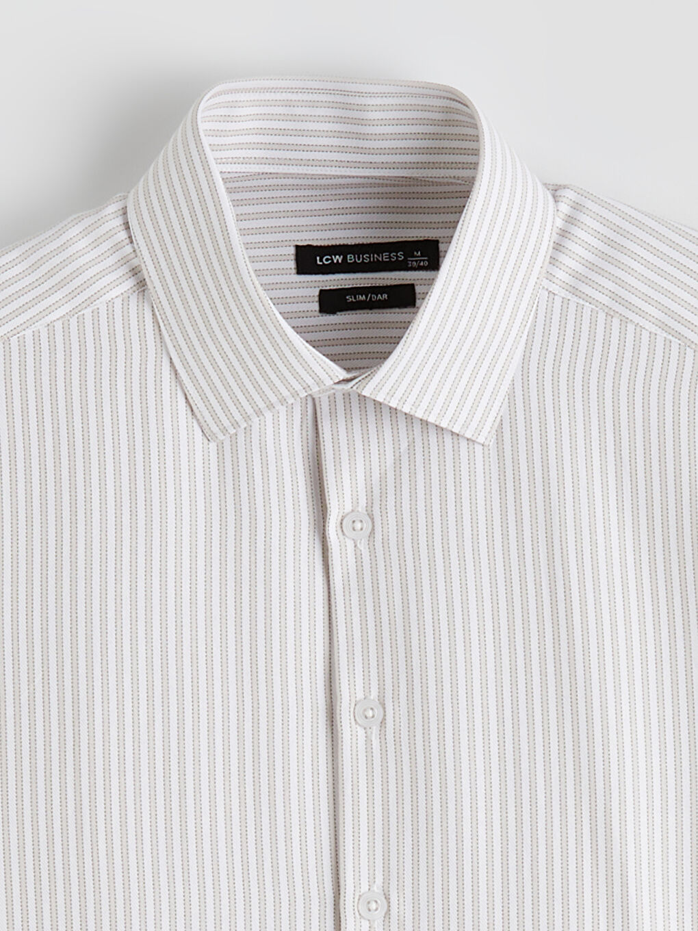 Bej Slim Fit Çizgili Gabardin Erkek Gömlek-1