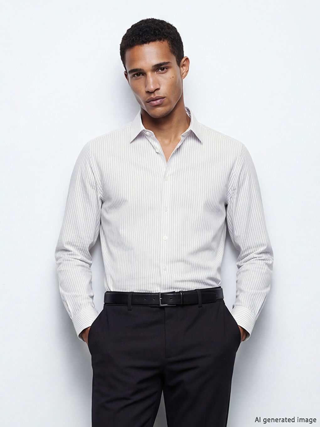 Bej Slim Fit Çizgili Gabardin Erkek Gömlek