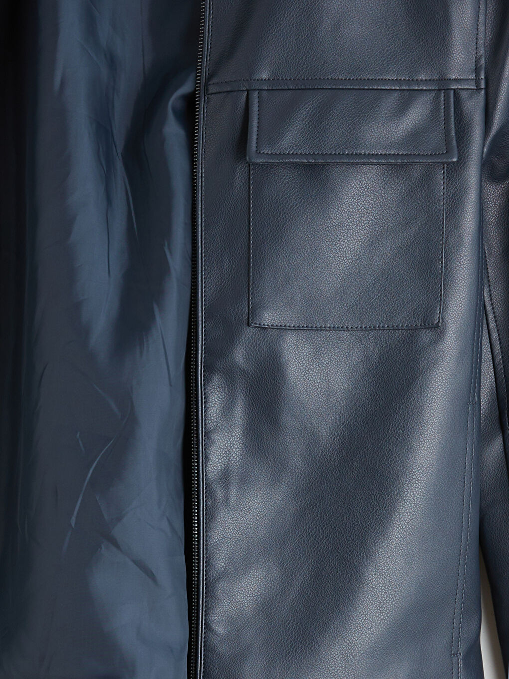 Lacivert Standart Kalıp Dik Yaka Erkek Deri Görünümlü Ceket-6
