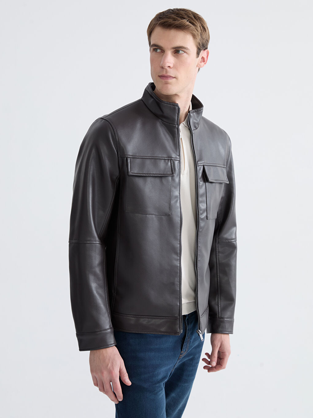 Kahverengi Standart Kalıp Dik Yaka Erkek Deri Görünümlü Ceket