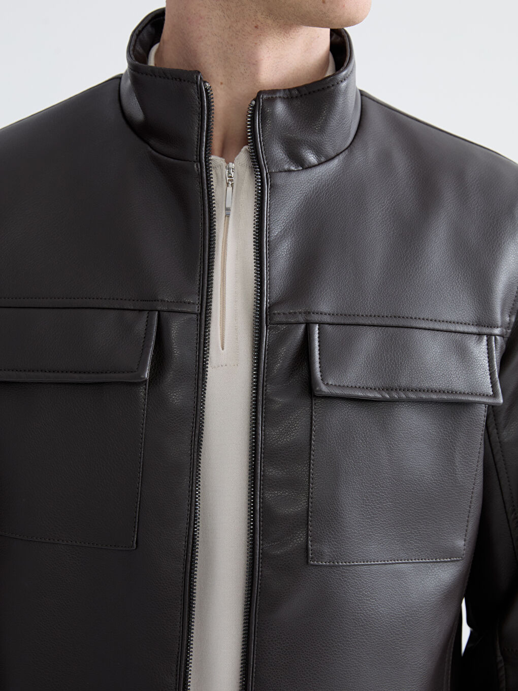 Kahverengi Standart Kalıp Dik Yaka Erkek Deri Görünümlü Ceket-2