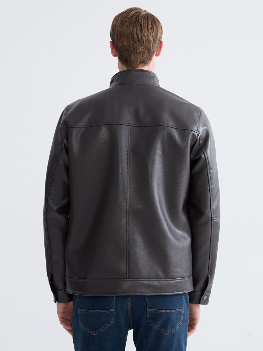 Kahverengi Standart Kalıp Dik Yaka Erkek Deri Görünümlü Ceket-4