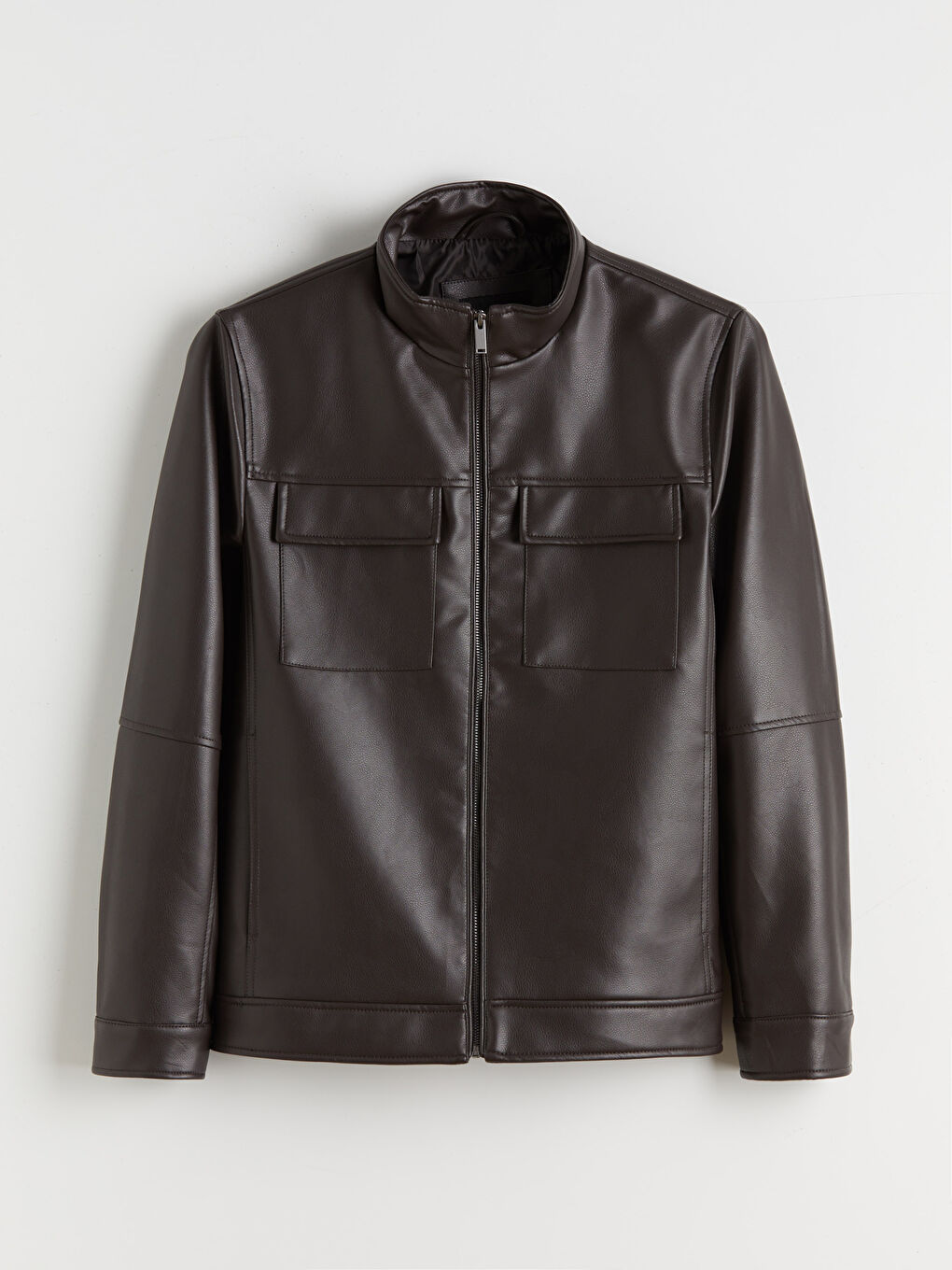 Kahverengi Standart Kalıp Dik Yaka Erkek Deri Görünümlü Ceket-5