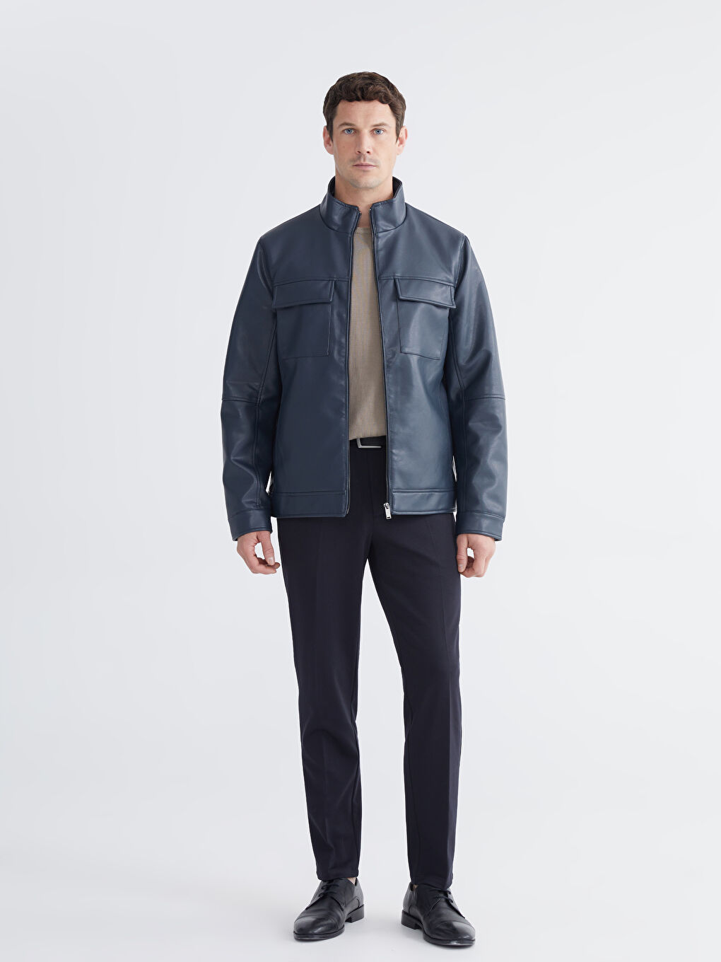 Lacivert Standart Kalıp Dik Yaka Erkek Deri Görünümlü Ceket-1