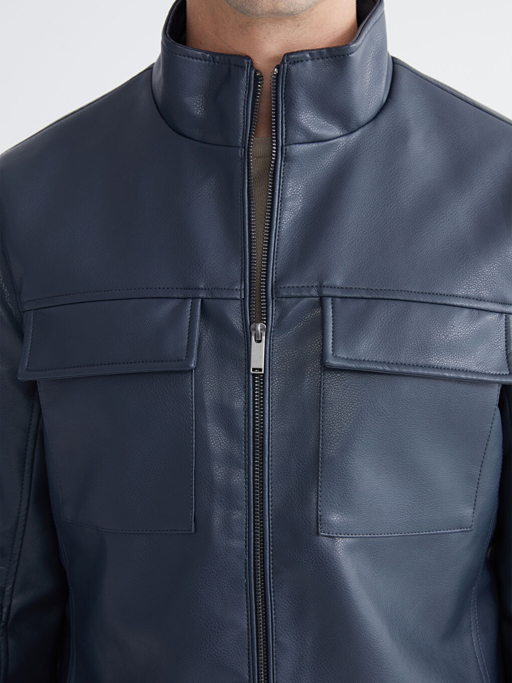 Lacivert Standart Kalıp Dik Yaka Erkek Deri Görünümlü Ceket-2