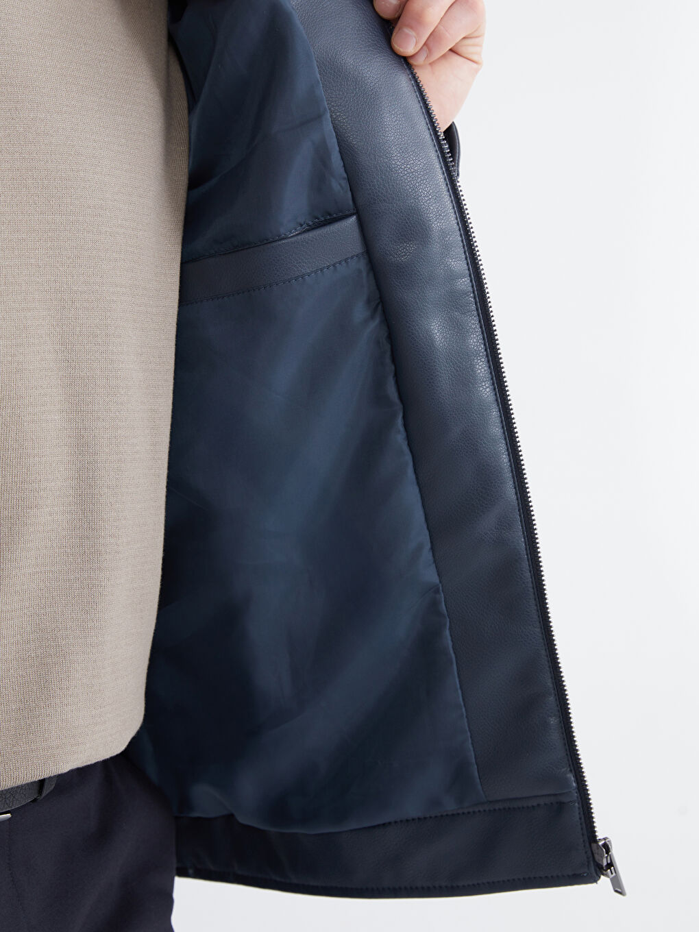Lacivert Standart Kalıp Dik Yaka Erkek Deri Görünümlü Ceket-3