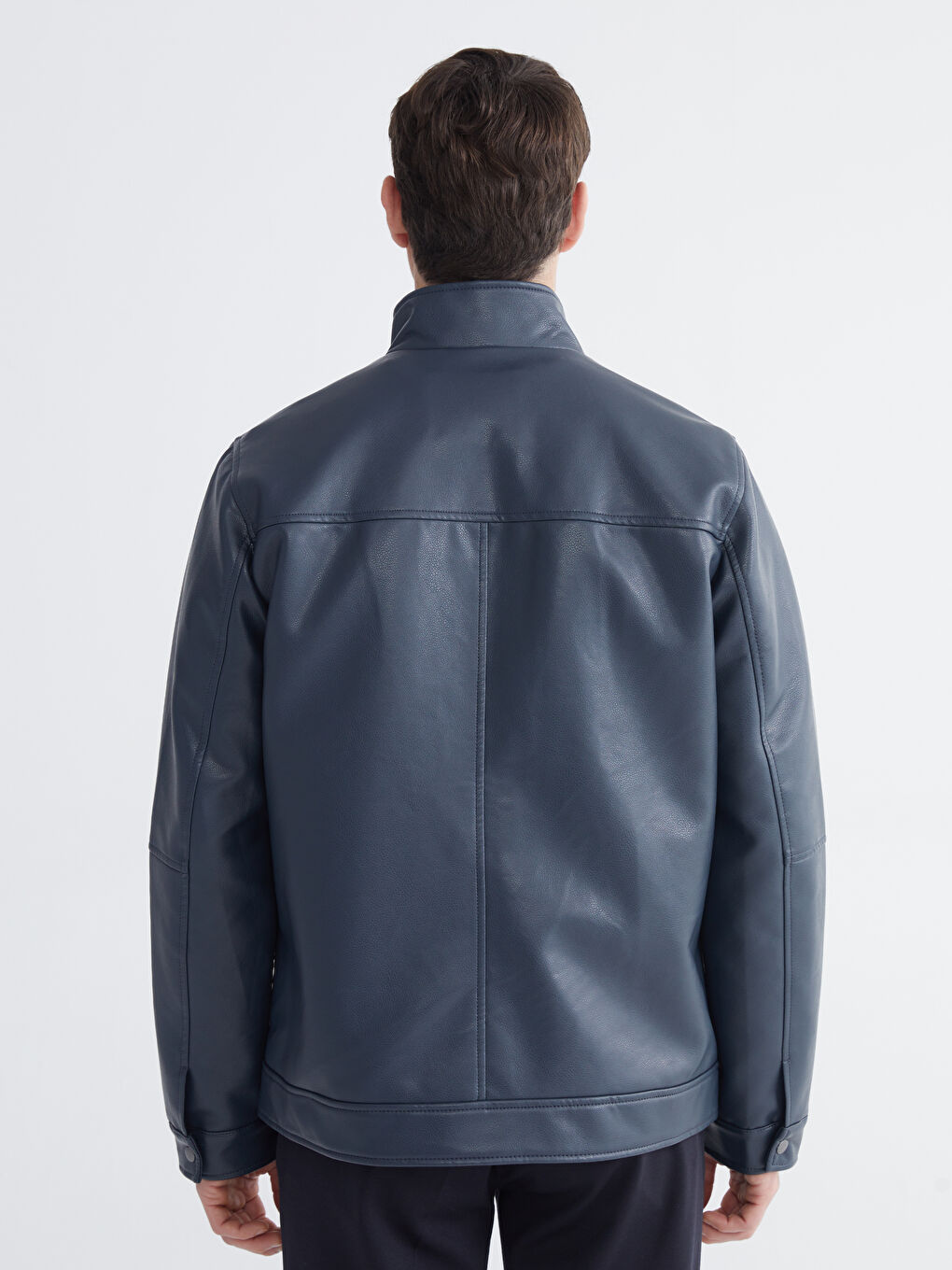 Lacivert Standart Kalıp Dik Yaka Erkek Deri Görünümlü Ceket-4