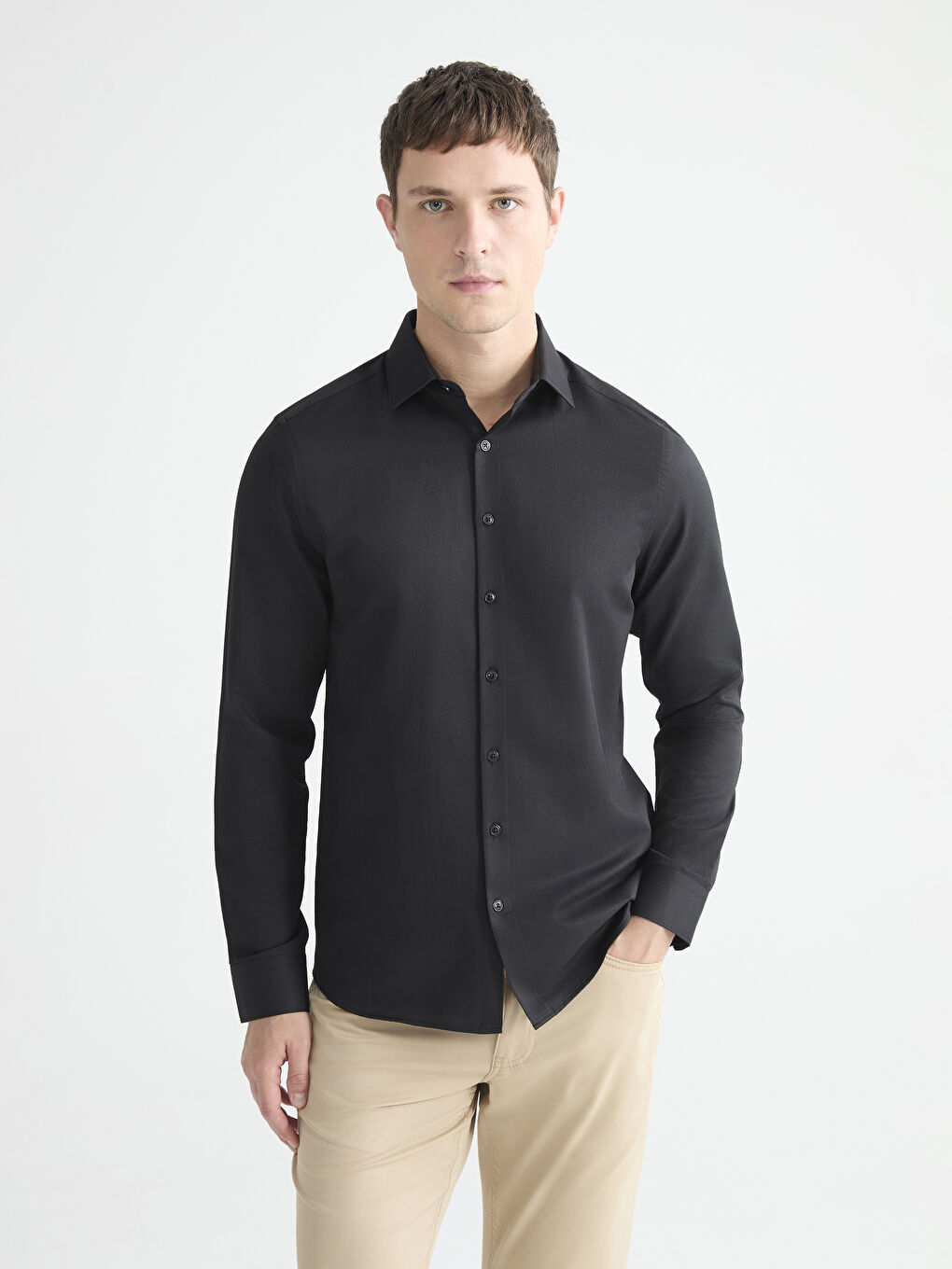 Siyah Slim Fit Uzun Kollu Armürlü Erkek Gömlek