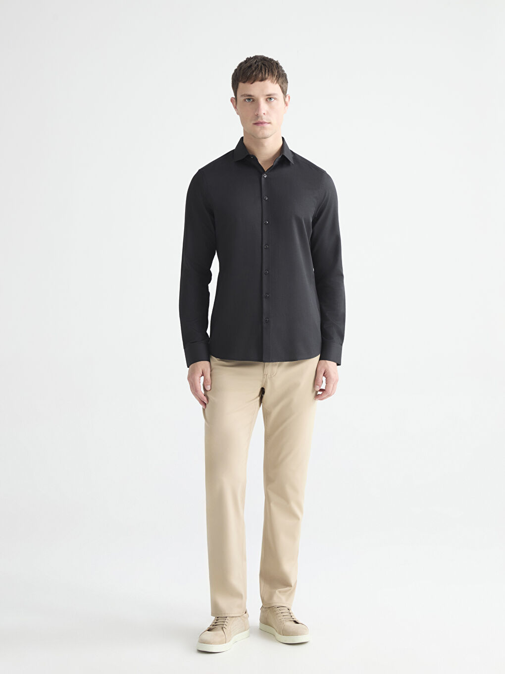 Siyah Slim Fit Uzun Kollu Armürlü Erkek Gömlek-1