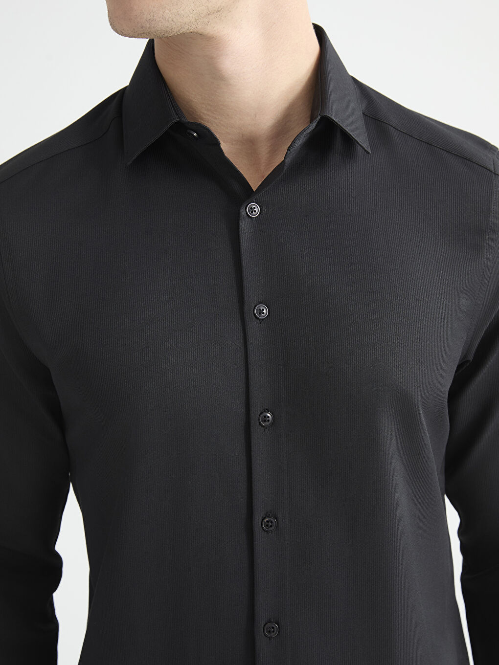 Siyah Slim Fit Uzun Kollu Armürlü Erkek Gömlek-2