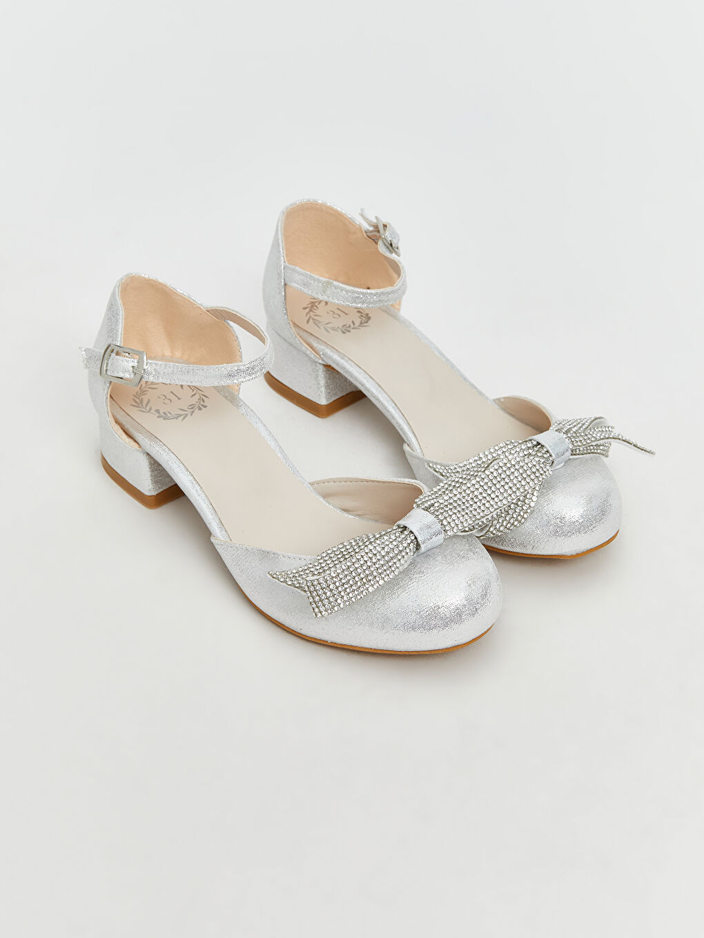 Gri Taşlı Fiyonk Detaylı Kız Çocuk Topuklu Ayakkabı