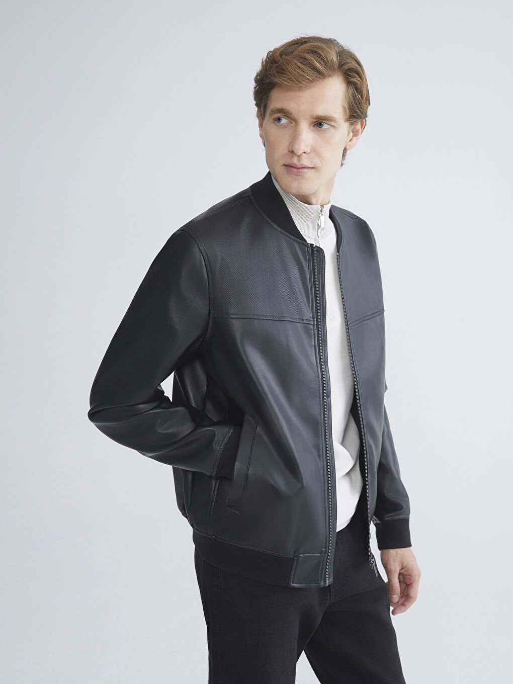 معطف جلد صناعي كلية عادي رجال-1