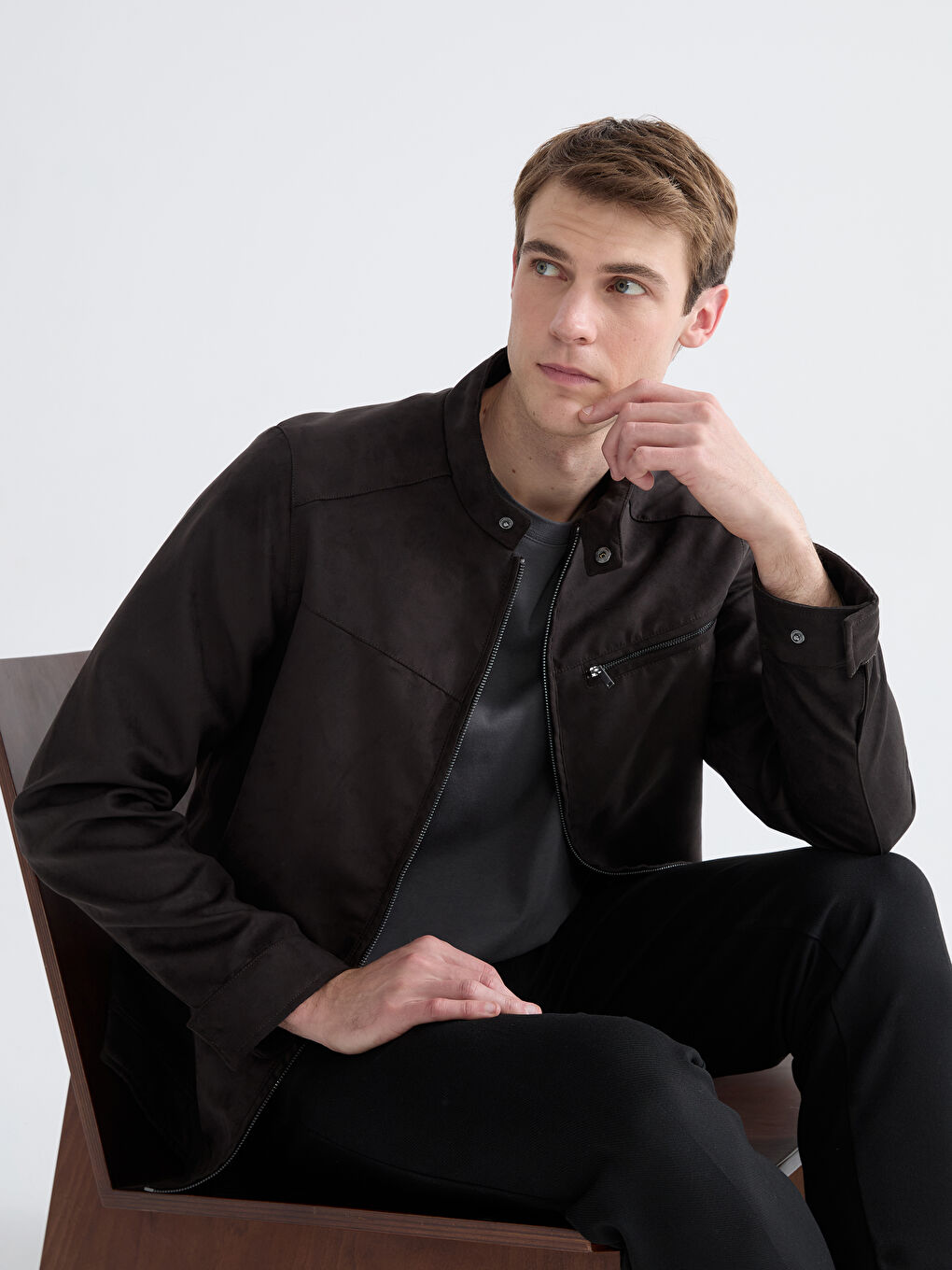 Kahverengi Standart Kalıp Dik Yaka Süet Erkek Mont-0