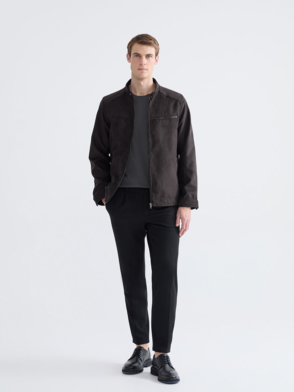 Kahverengi Standart Kalıp Dik Yaka Süet Erkek Mont-1