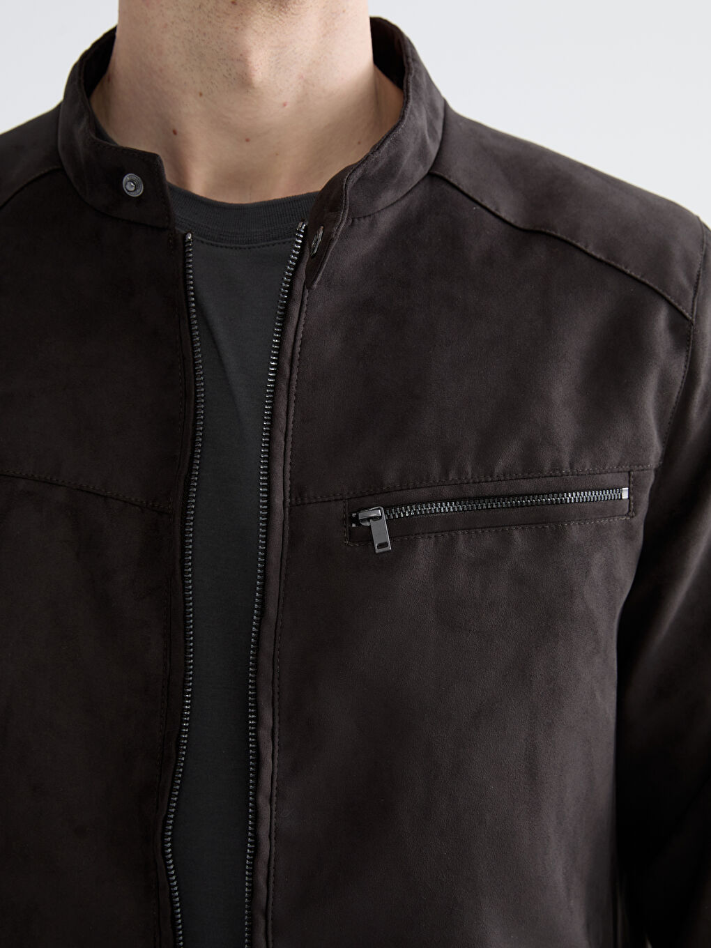 Kahverengi Standart Kalıp Dik Yaka Süet Erkek Mont-3