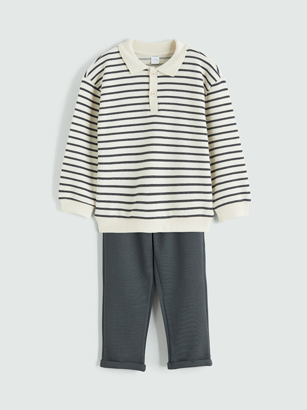Bej Çizgili Erkek Çocuk Sweatshirt ve Eşofman Altı