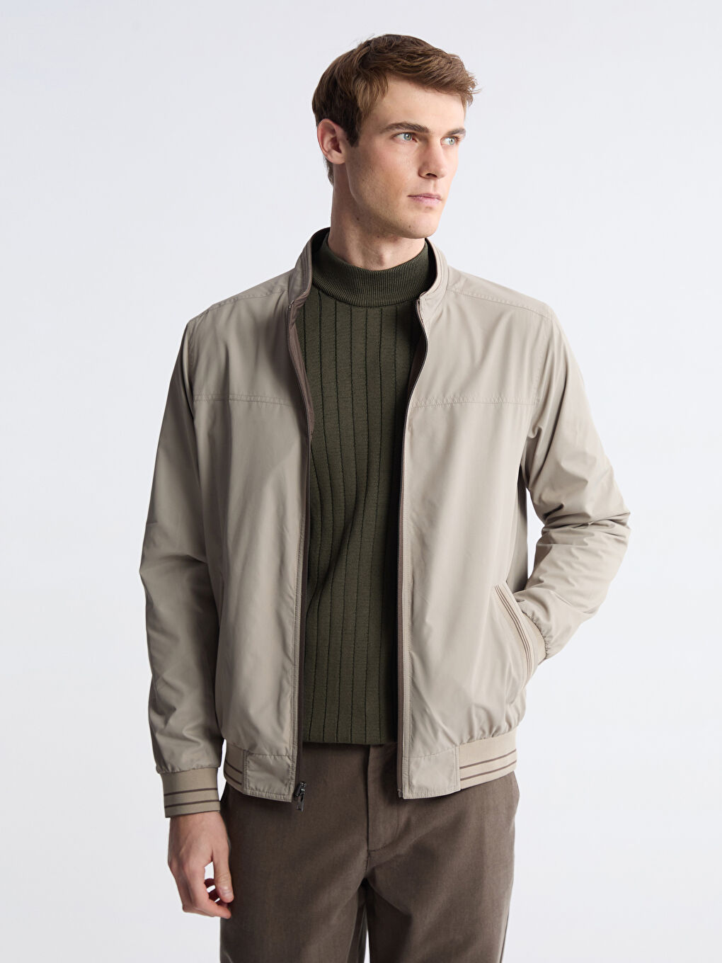 Haki Standart Kalıp Dik Yaka Erkek Mont-2