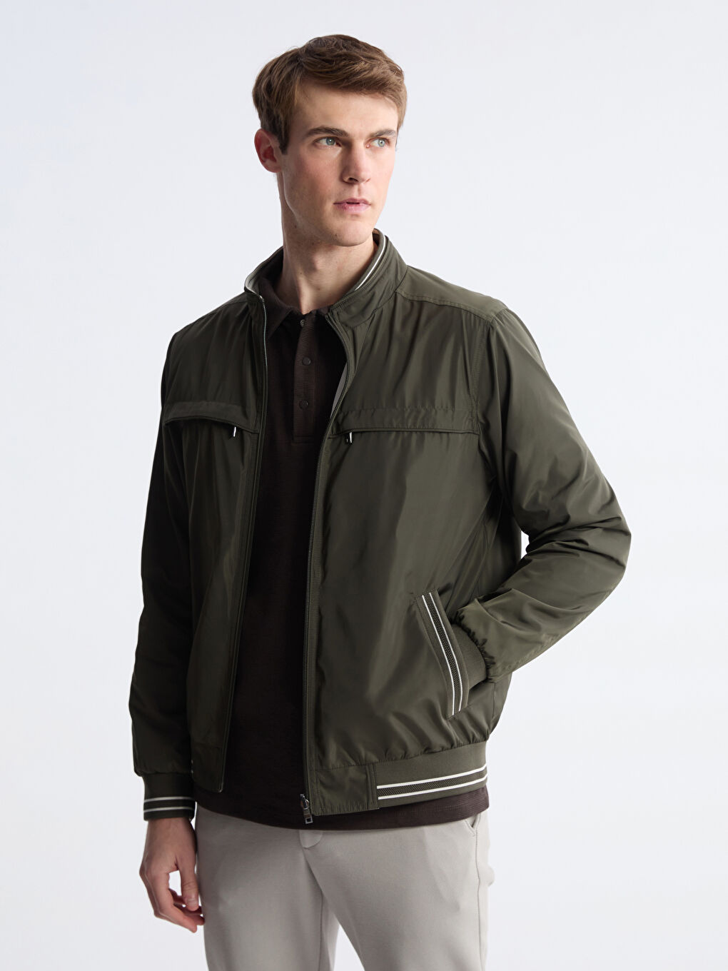 Haki Standart Kalıp Dik Yaka Erkek Mont-2