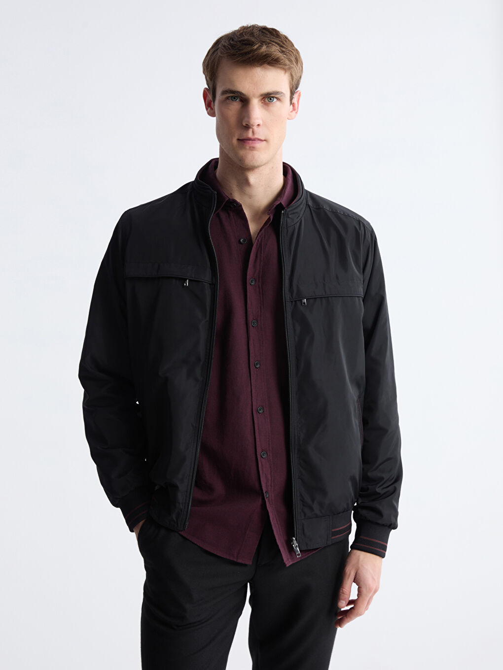 Siyah Standart Kalıp Dik Yaka Çift Taraflı Erkek Mont-2