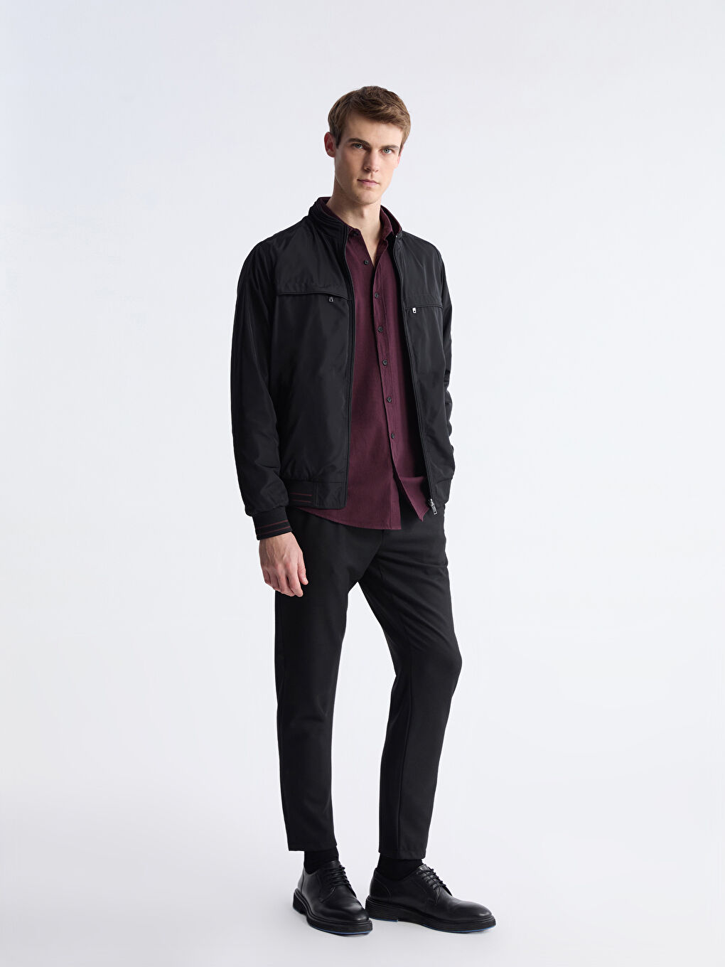 Siyah Standart Kalıp Dik Yaka Çift Taraflı Erkek Mont-3