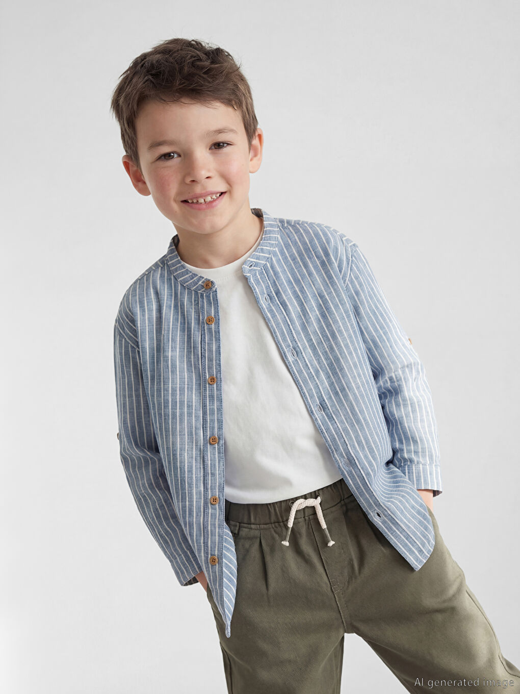 Ekru Hakim Yaka Çizgili Erkek Çocuk Gömlek
