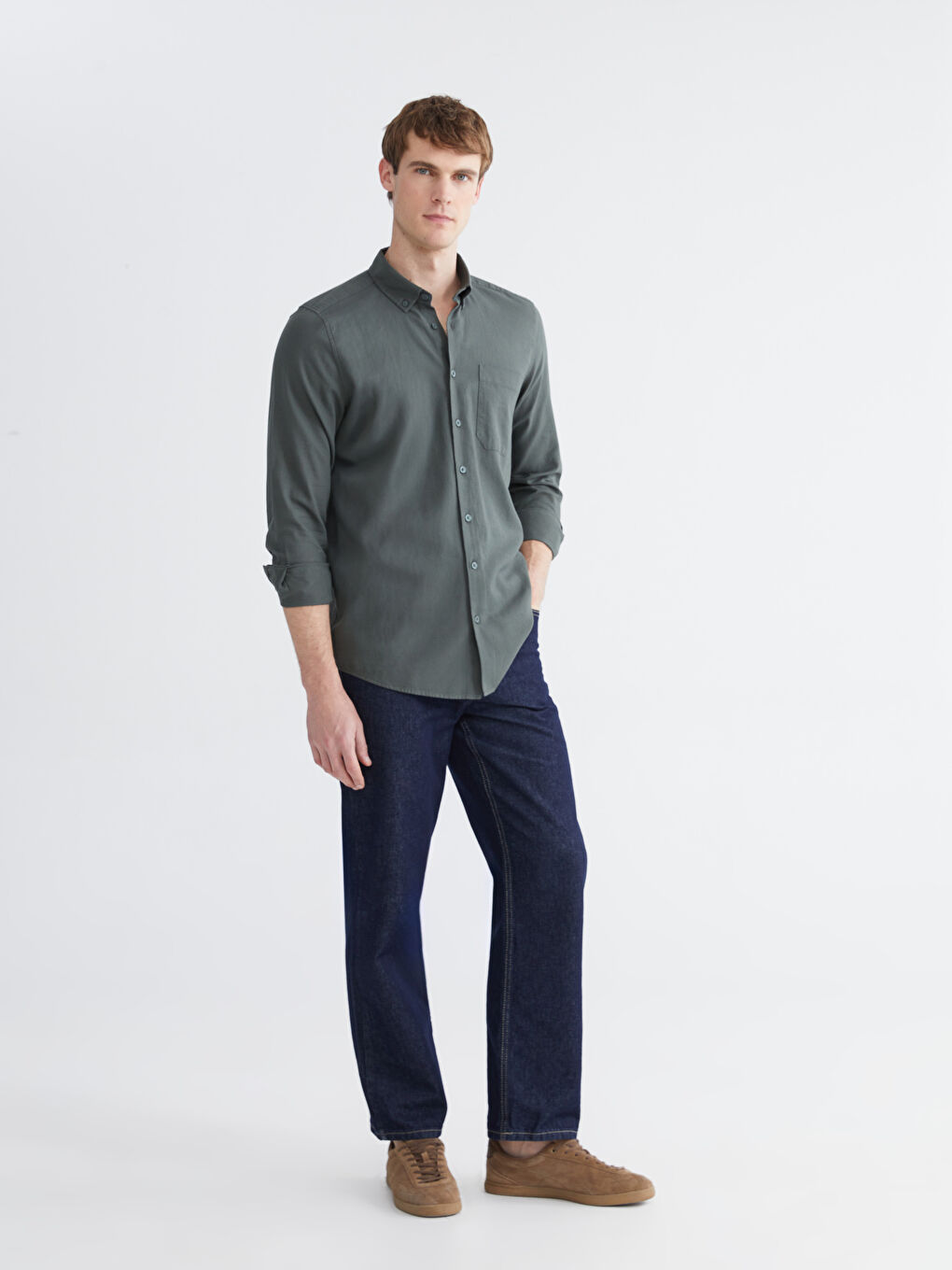 Yeşil Regular Fit Gabardin Erkek Gömlek-1