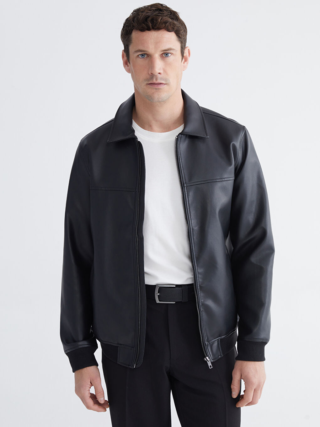 Collared Neck Men's Faux Leather Jacket