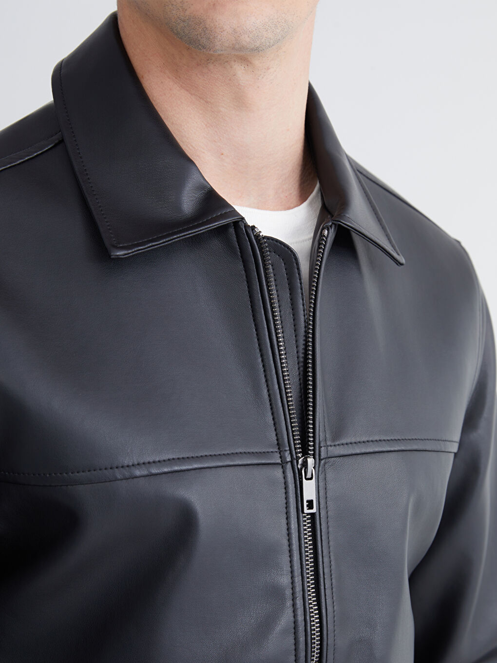 Collared Neck Men's Faux Leather Jacket-2