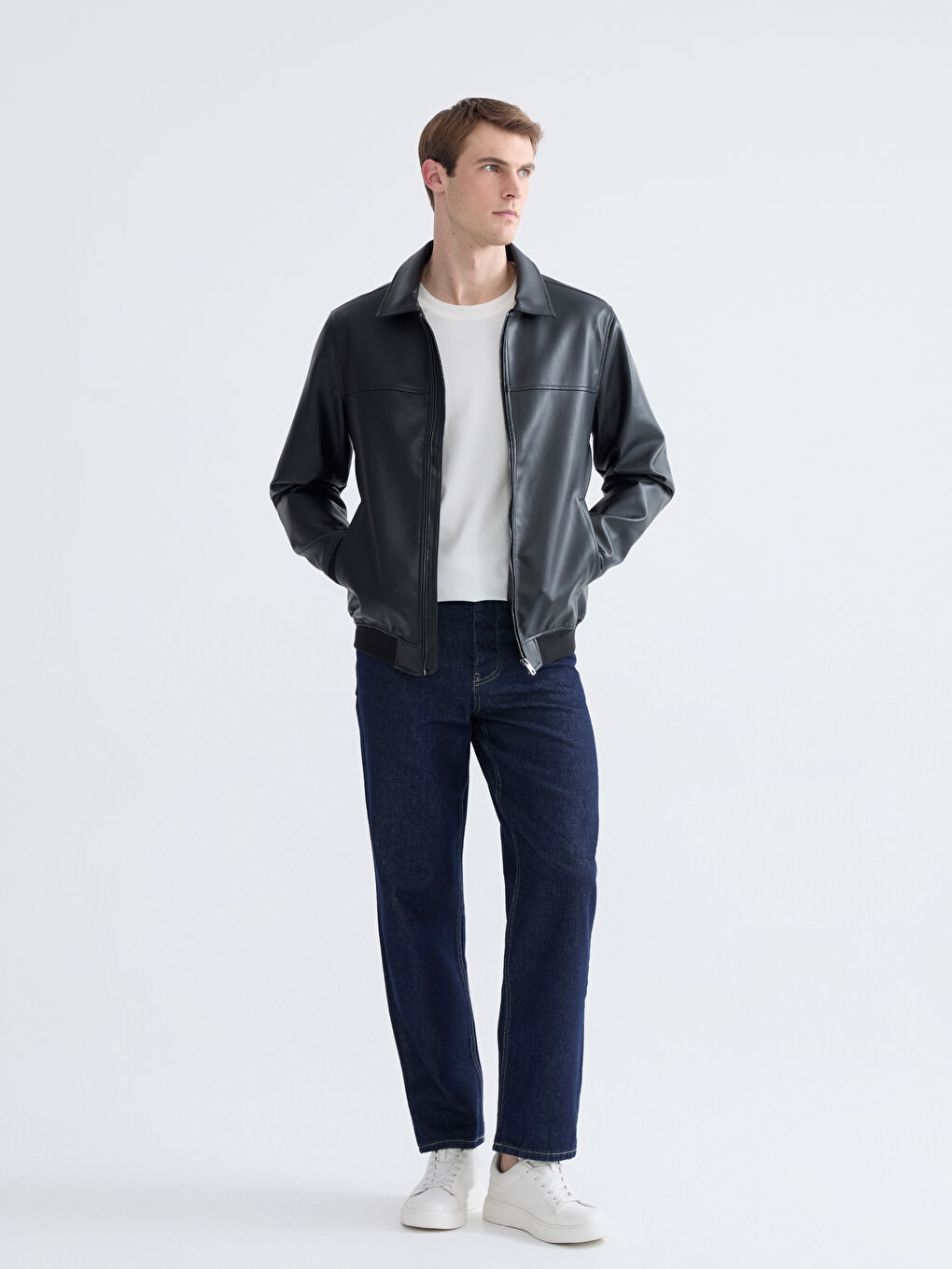 Collared Neck Men's Faux Leather Jacket-1