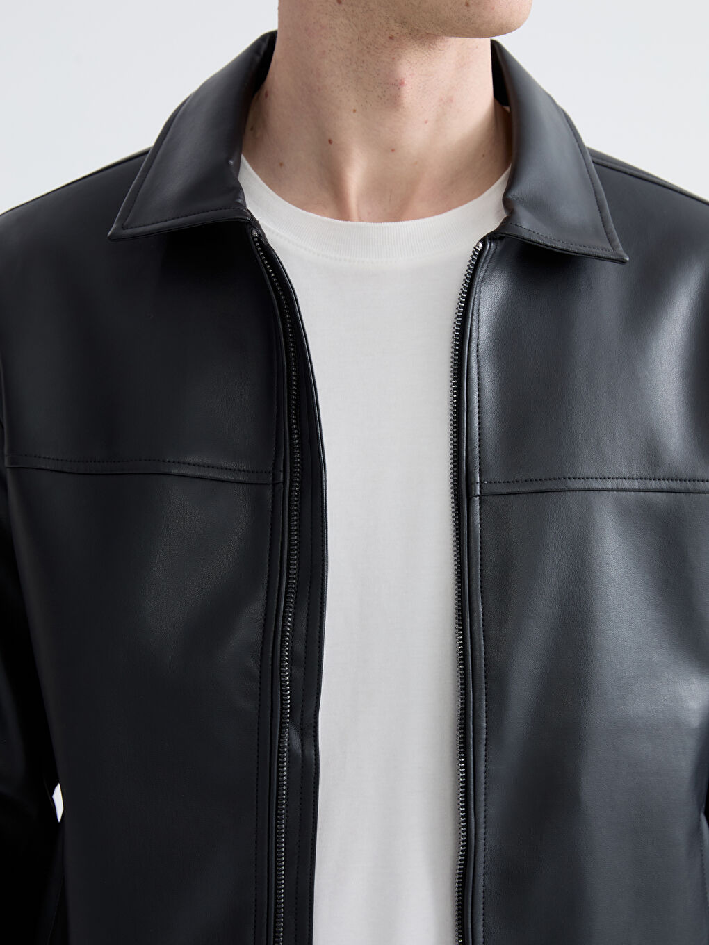 Collared Neck Men's Faux Leather Jacket-2