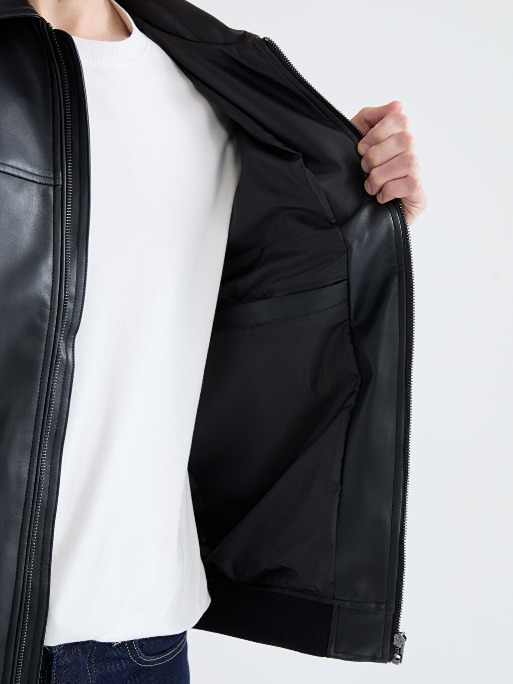 Collared Neck Men's Faux Leather Jacket-3