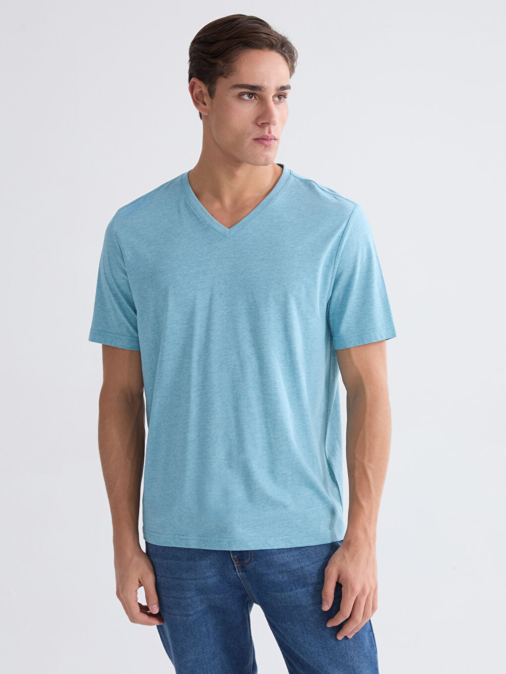 Ерлерге арналған v жағалы қысқа жең трикотаж футболка-1