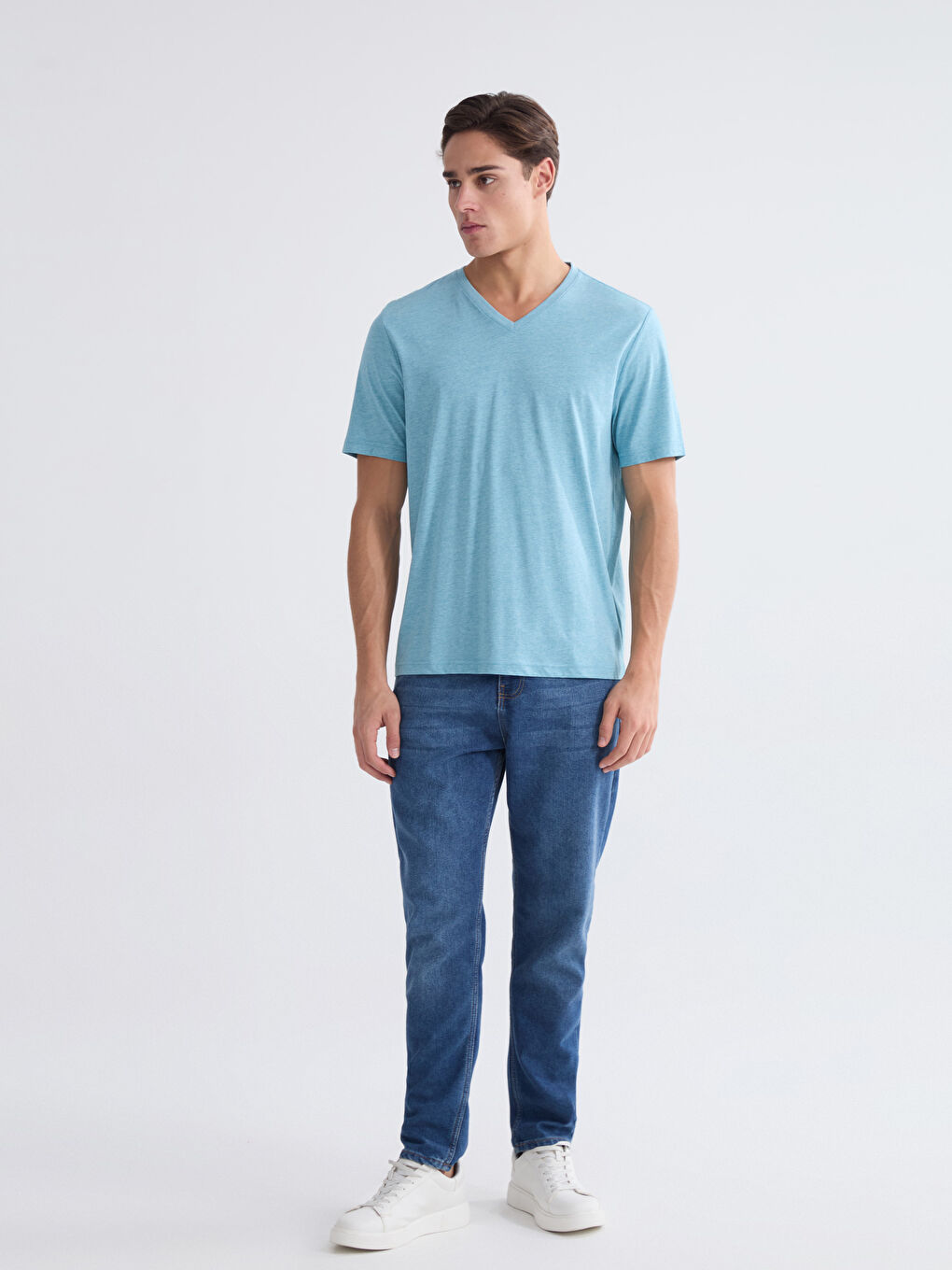 Ерлерге арналған v жағалы қысқа жең трикотаж футболка-2