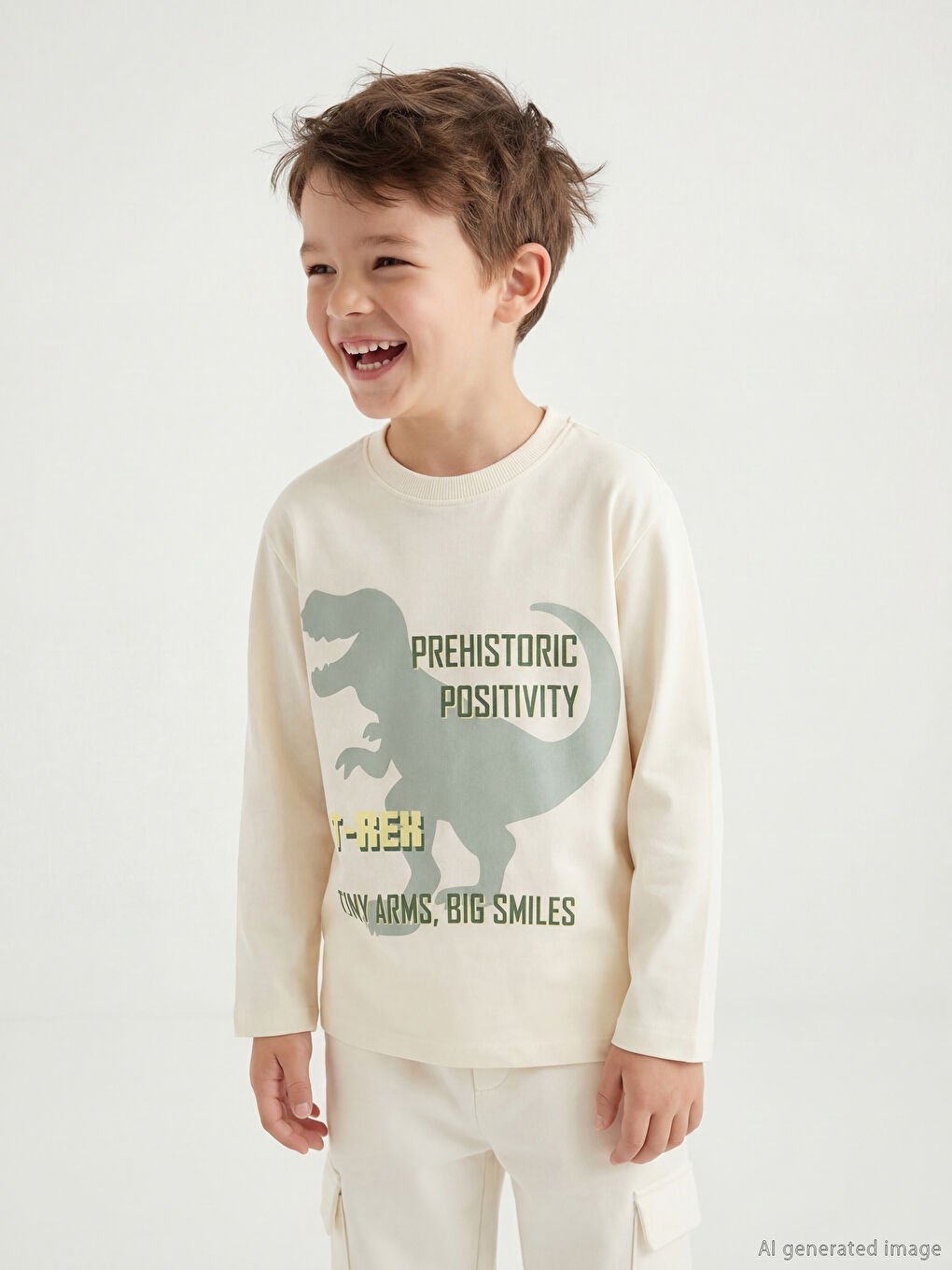 Bej Dinozor Baskılı Erkek Çocuk Tişört