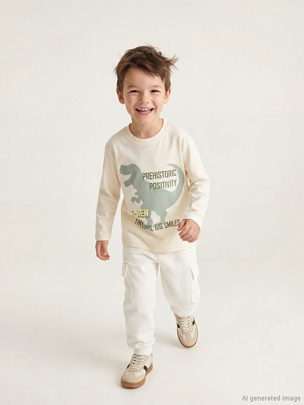 Bej Dinozor Baskılı Erkek Çocuk Tişört-1