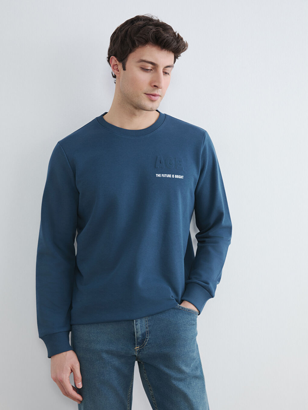 Petrol Bisiklet Yaka Baskılı Erkek Sweatshirt