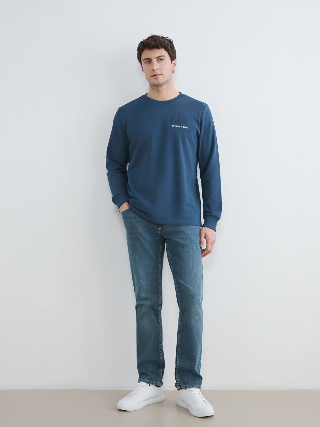 Petrol Bisiklet Yaka Baskılı Erkek Sweatshirt-1