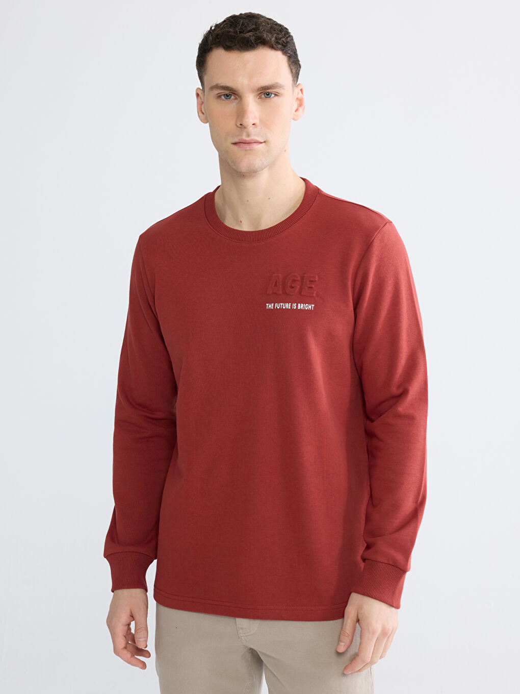 Kahverengi Bisiklet Yaka Baskılı Erkek Sweatshirt