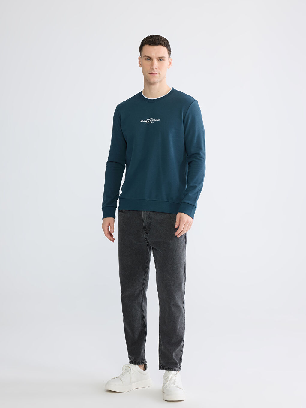 Petrol Bisiklet Yaka Baskılı Erkek Sweatshirt-1