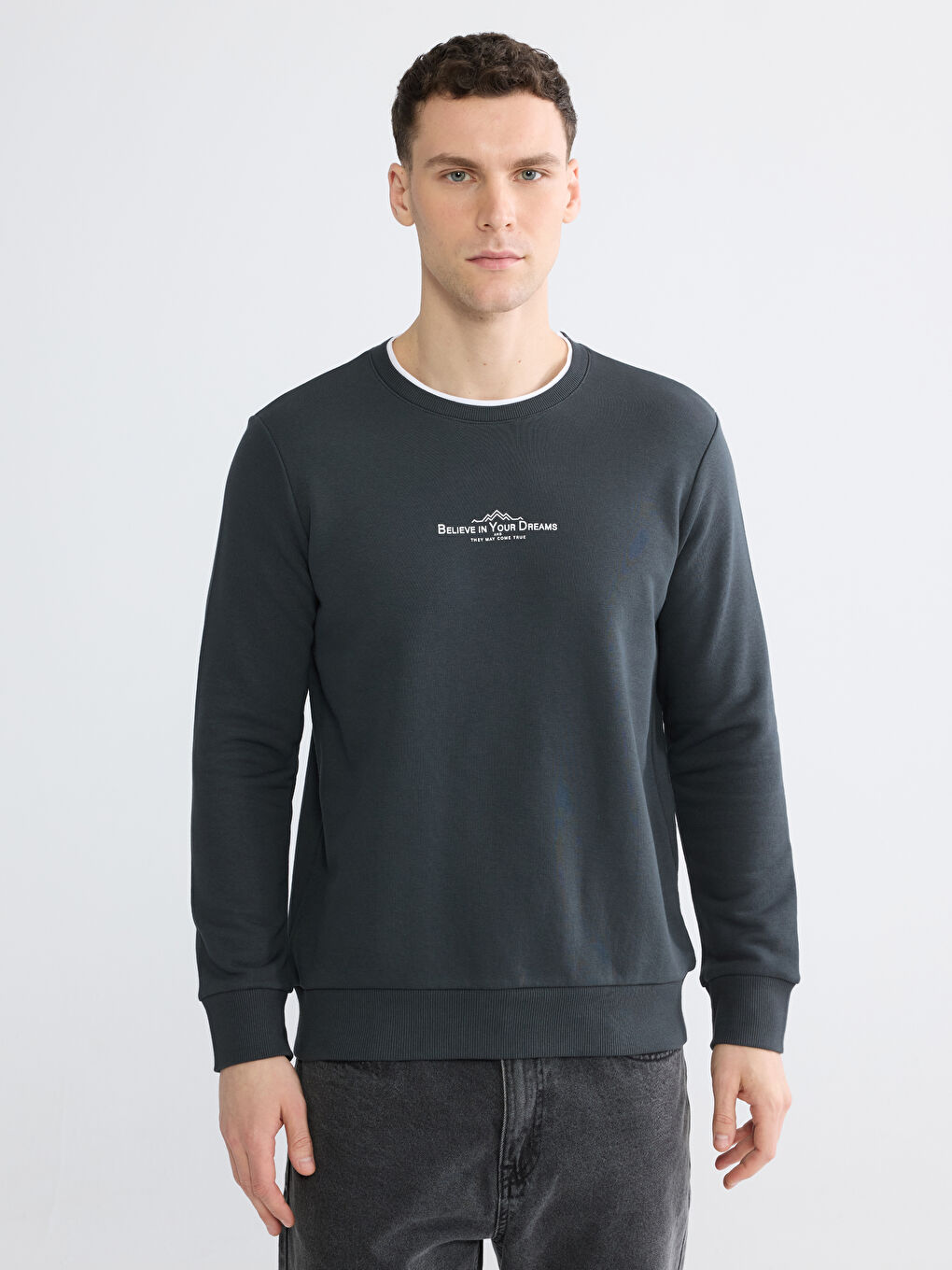 Antrasit Bisiklet Yaka Baskılı Erkek Sweatshirt