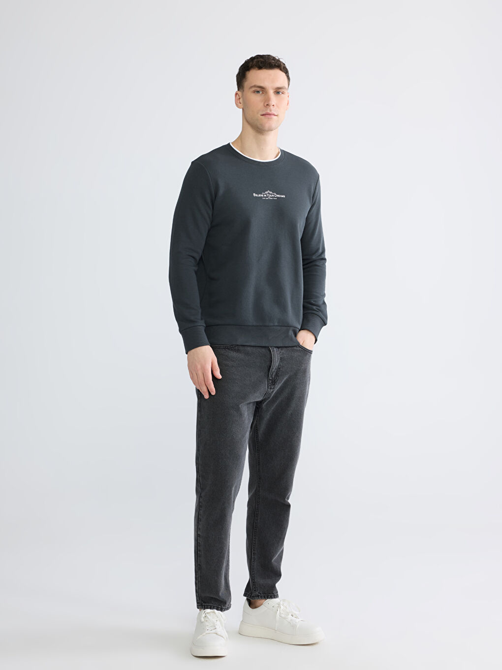 Antrasit Bisiklet Yaka Baskılı Erkek Sweatshirt-1