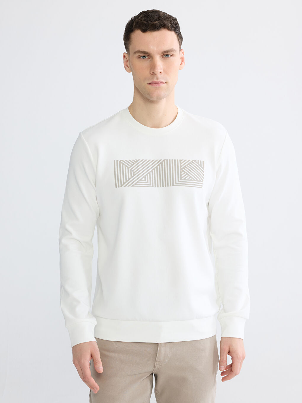 Ekru Bisiklet Yaka Baskılı Erkek Sweatshirt