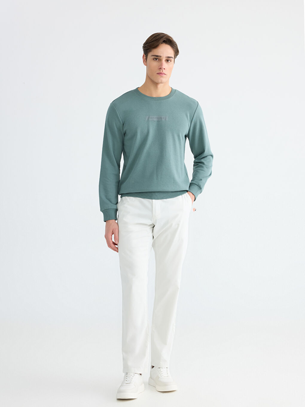 Yeşil Bisiklet Yaka Baskılı Erkek Sweatshirt-1