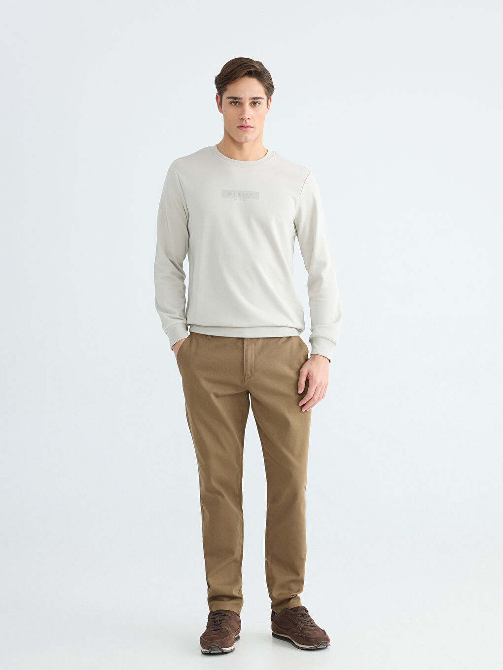 Bej Bisiklet Yaka Baskılı Erkek Sweatshirt-1