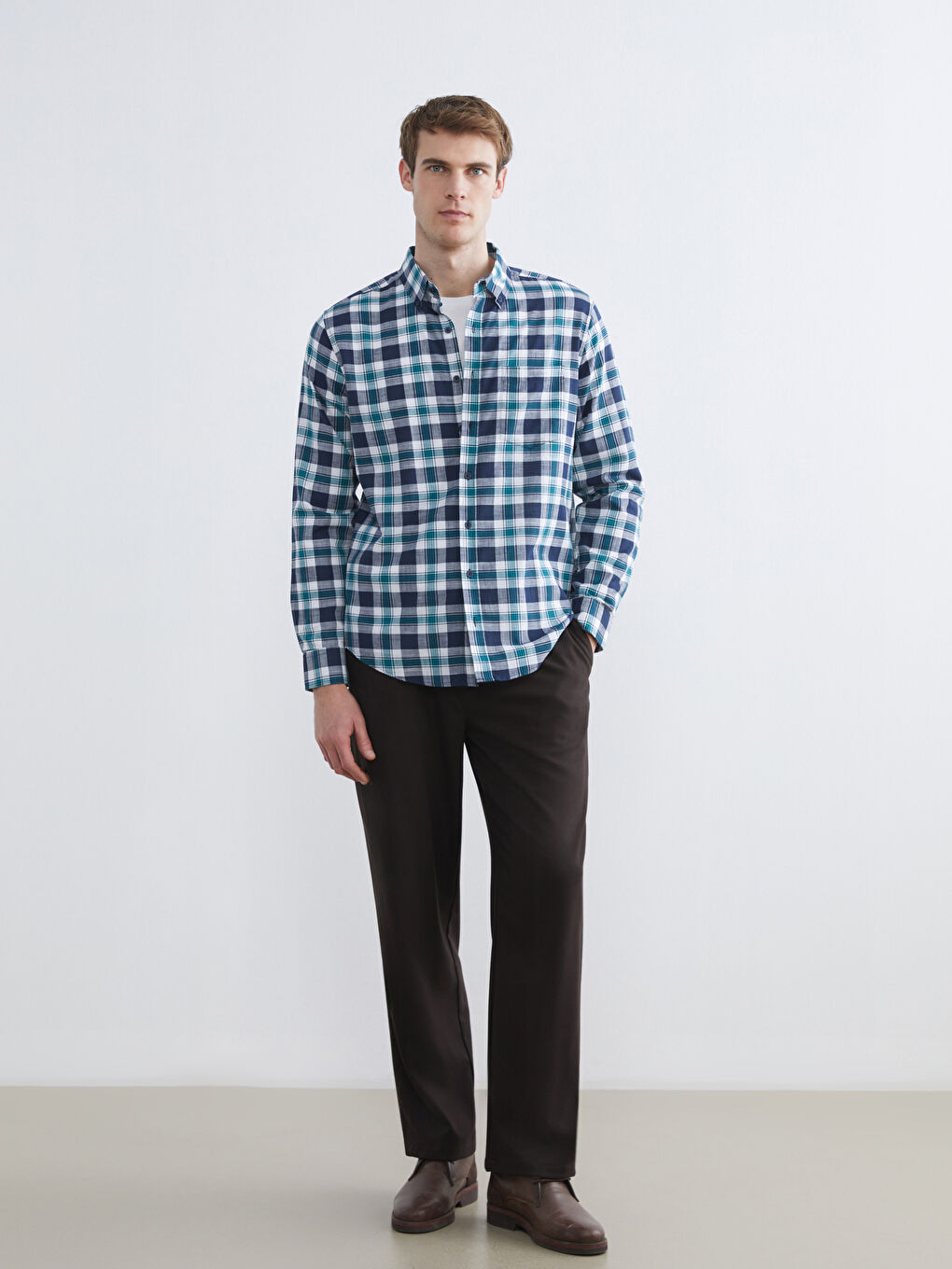 Yeşil Regular Fit Ekose Erkek Gömlek-1